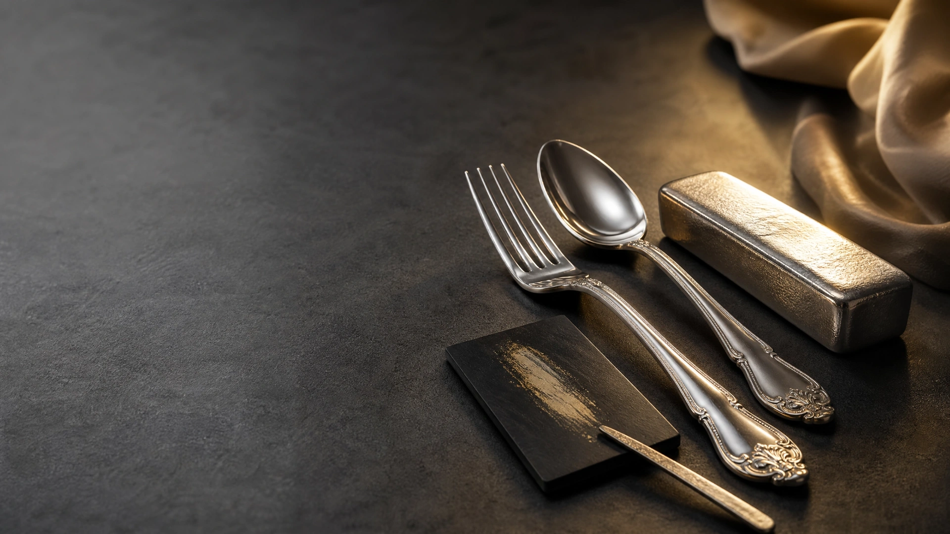 Sterling silver fork and spoon beside a silver ingot and assay touchstone