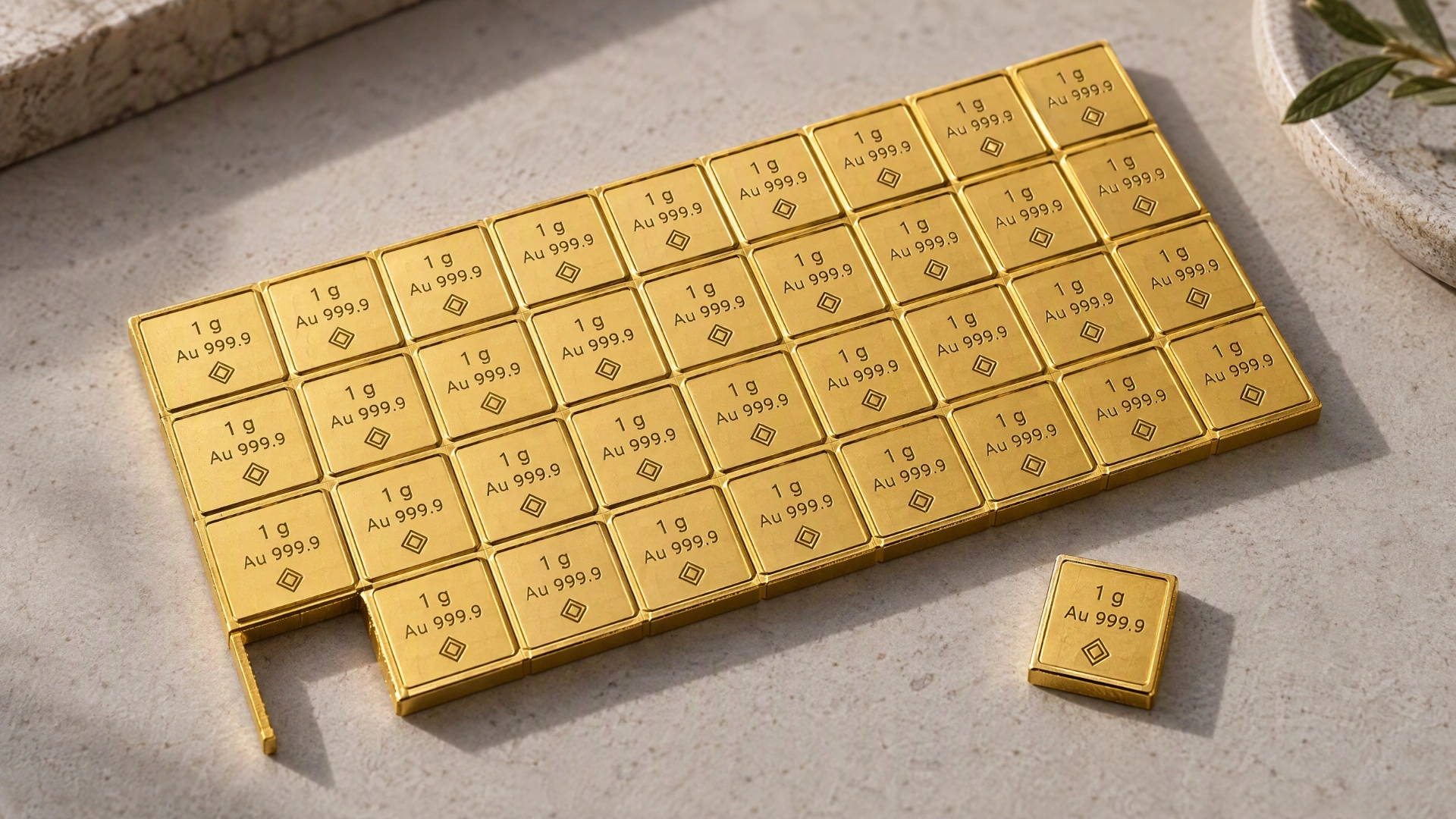 Generic thin gold micro-bar panel divided into small scored segments, with one 1 gram segment snapped off beside it.