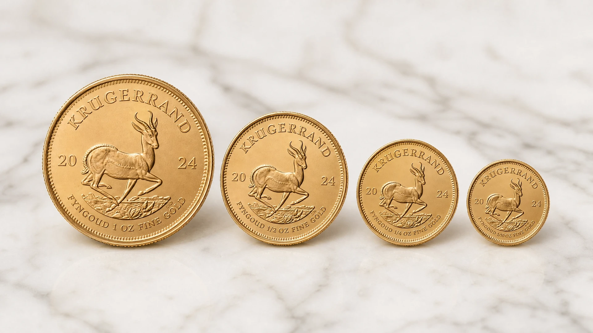 Four Krugerrand coins in different fractional sizes: 1 oz, 1/2 oz, 1/4 oz, and 1/10 oz