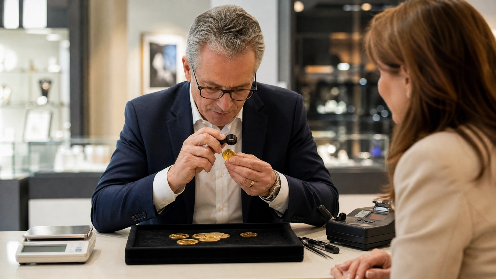 Professional coin and jewelry evaluation in a modern retail store, with an appraiser examining gold coins while a client observes