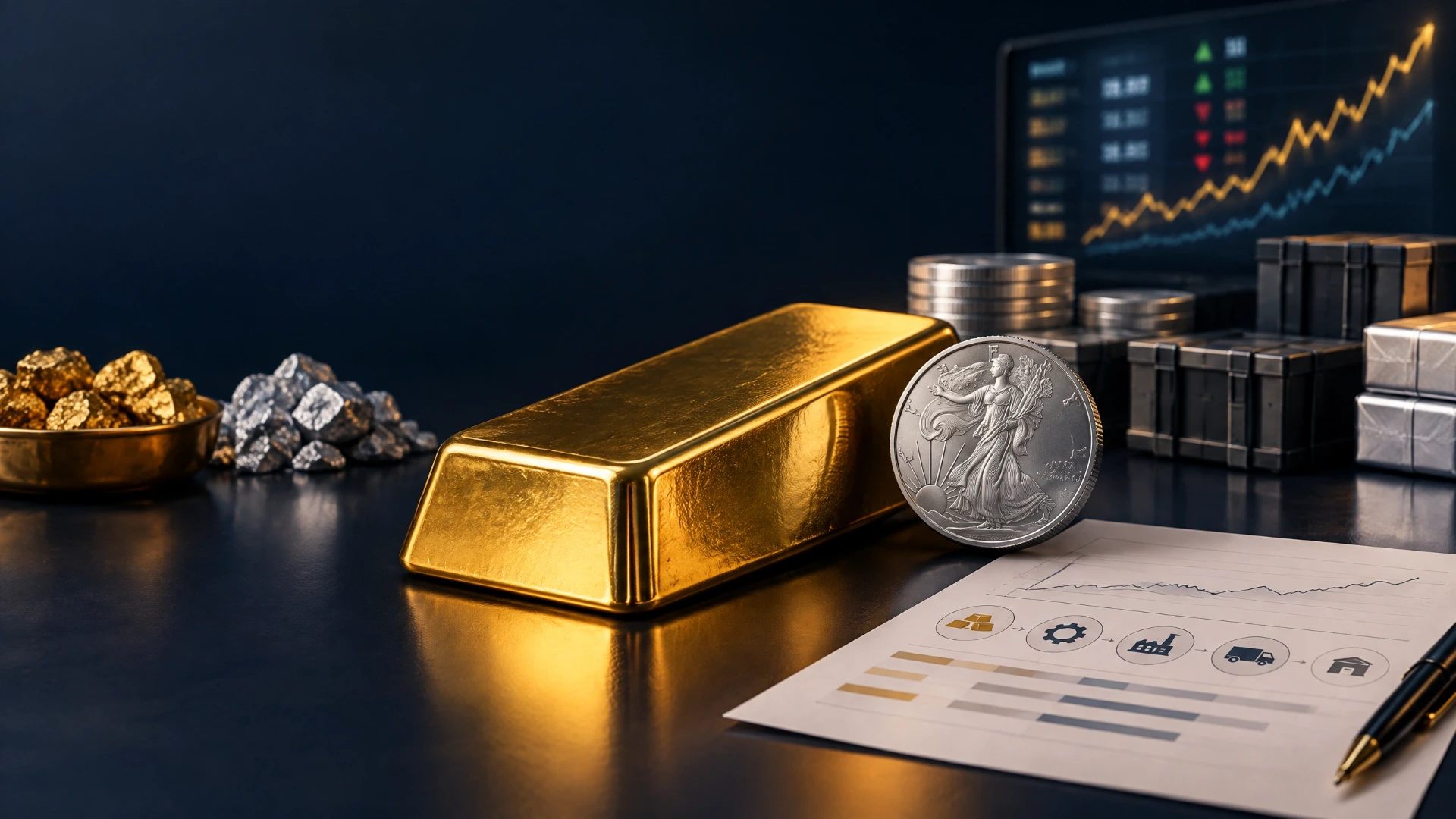 Gold bullion and a silver round beside a market-price display and quote sheet