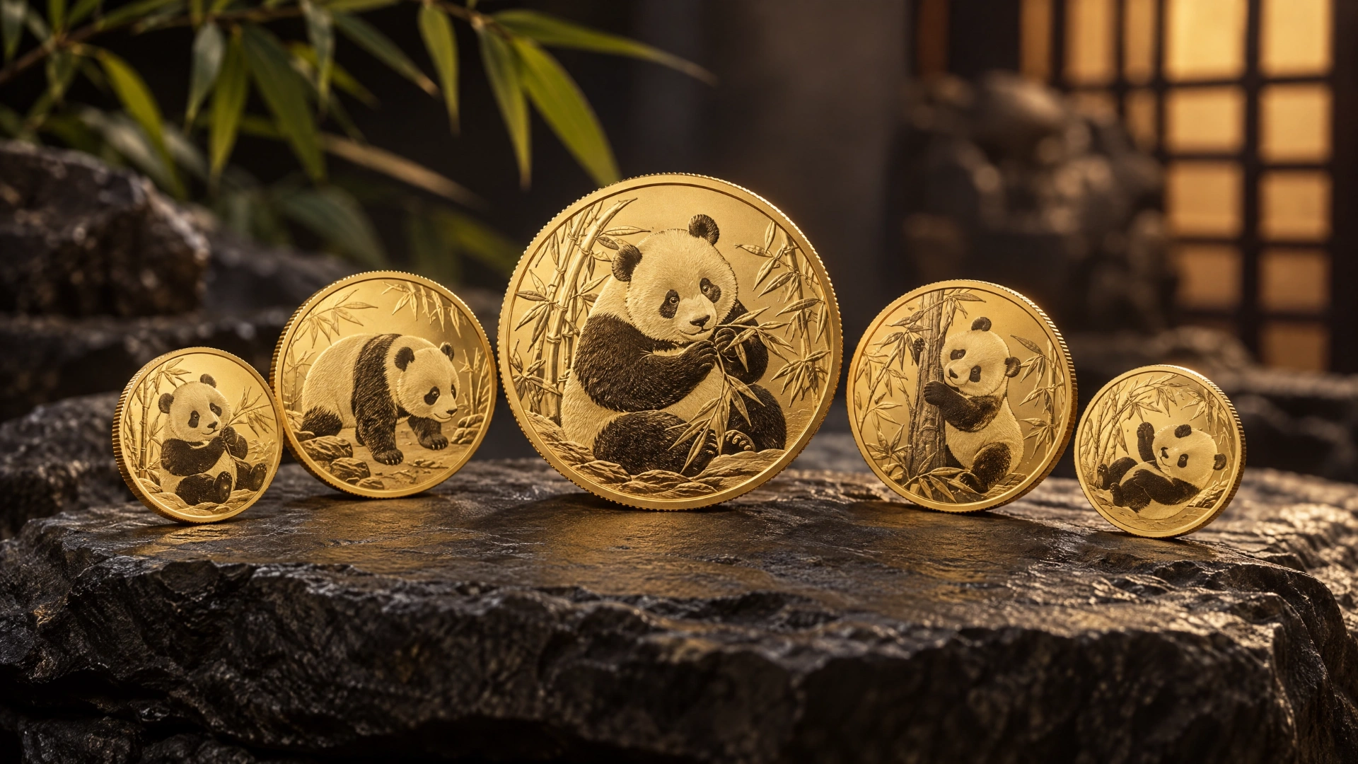 Several generic gold bullion coins arranged with soft-focus bamboo leaves in the background
