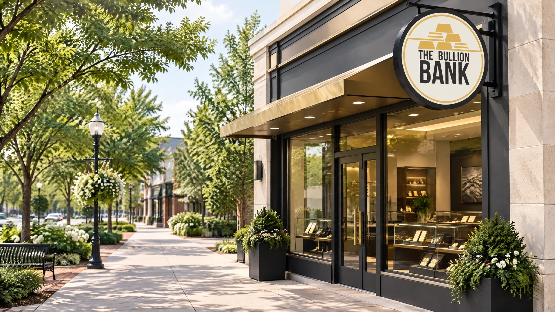 A welcoming Northern Virginia precious-metals storefront on a tree-lined town-center sidewalk