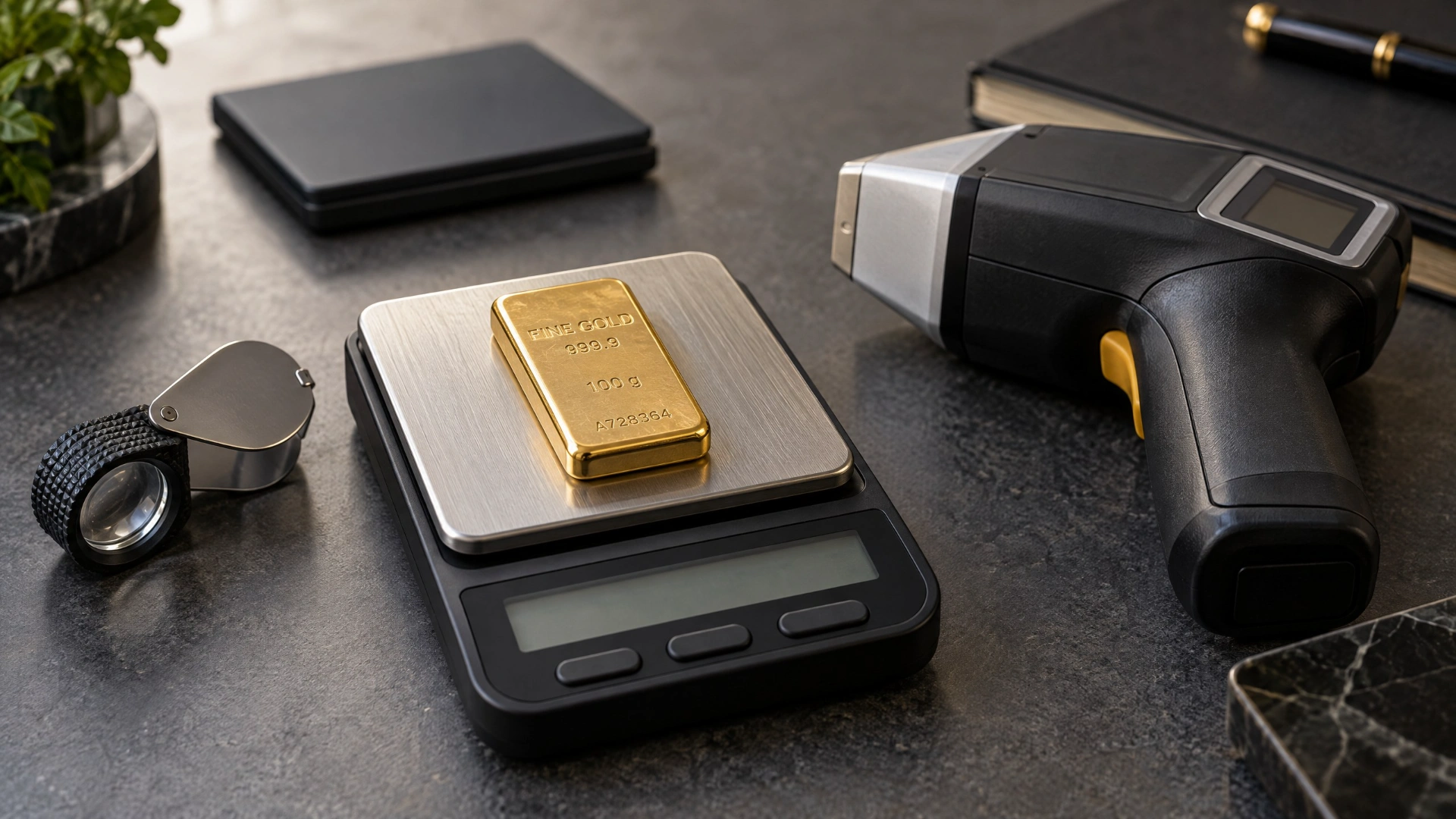 A finished gold bar, gram scale, loupe and handheld XRF analyzer arranged for weighing and checking fineness before valuation.