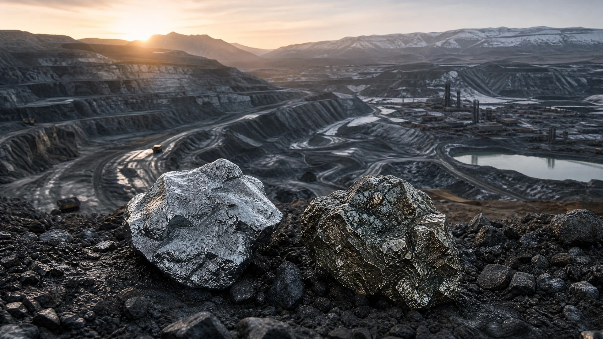 Open-pit mining landscape with platinum- and palladium-bearing ore samples in the foreground