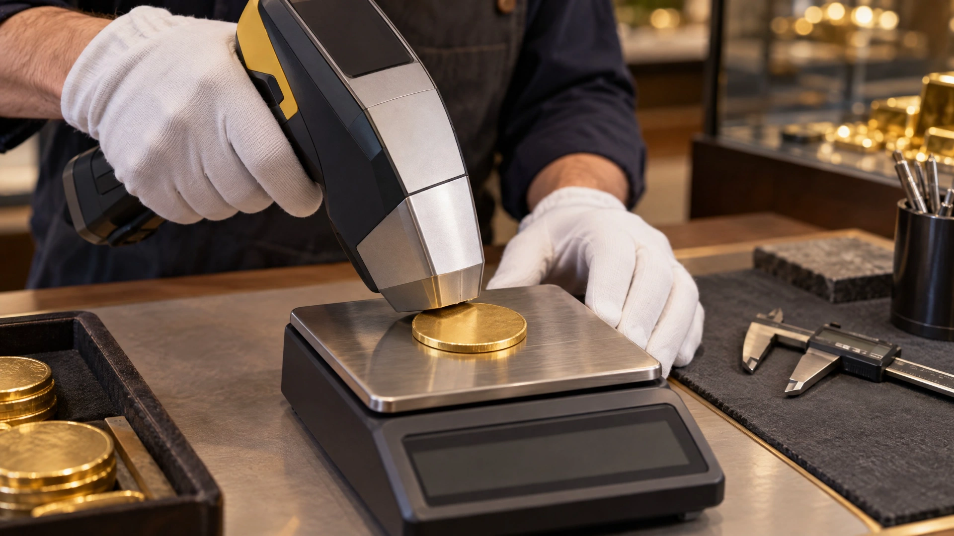 A precious-metals professional tests a generic unmarked gold bullion round using an XRF analyzer and scale, with calipers nearby.