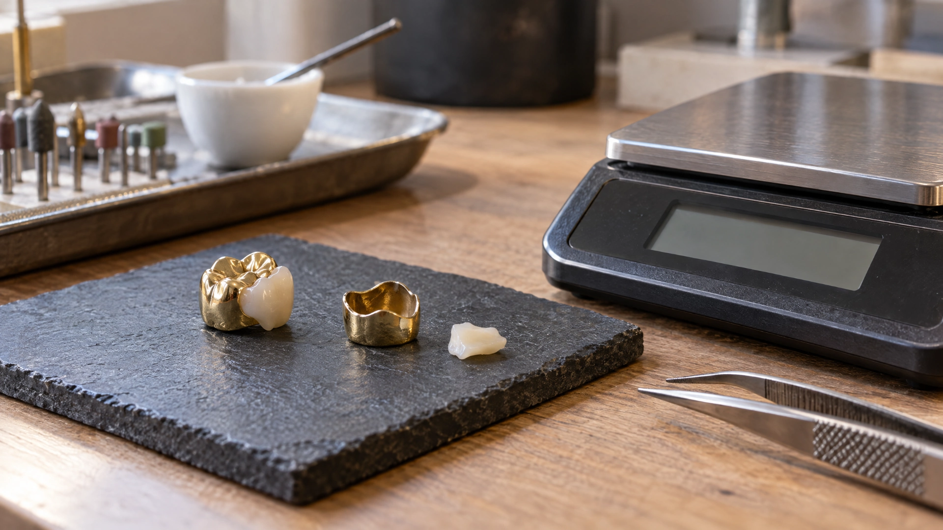 A dental restoration and materials arranged beside a precision scale to illustrate gross weight versus metal content