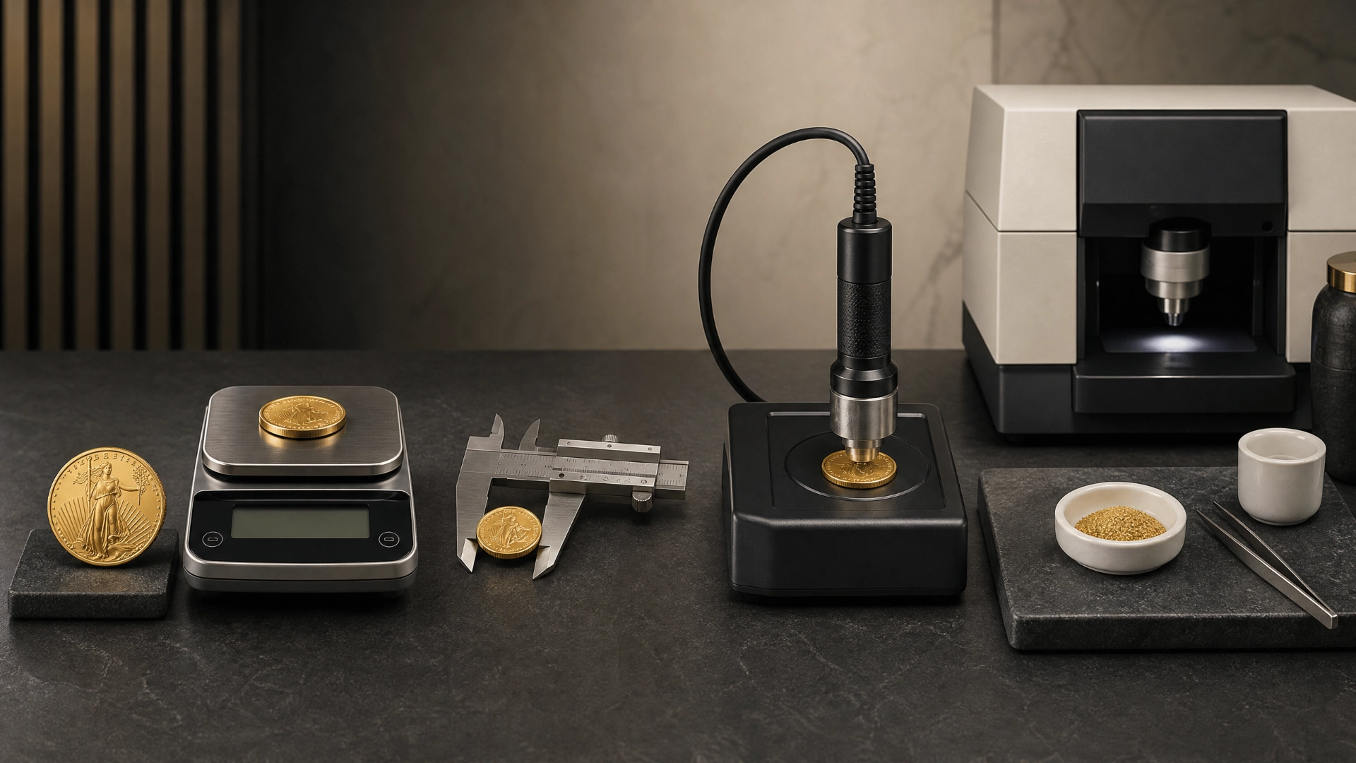 Precious-metals verification bench with a scale, calipers, ultrasonic probe and assay equipment