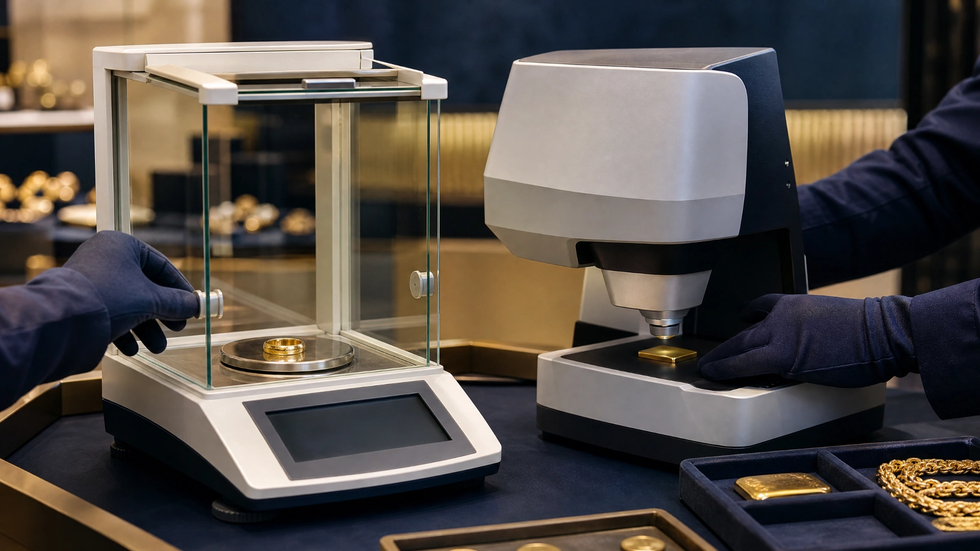 A professional bullion scale and a non-destructive metal-analysis instrument testing gold jewelry
