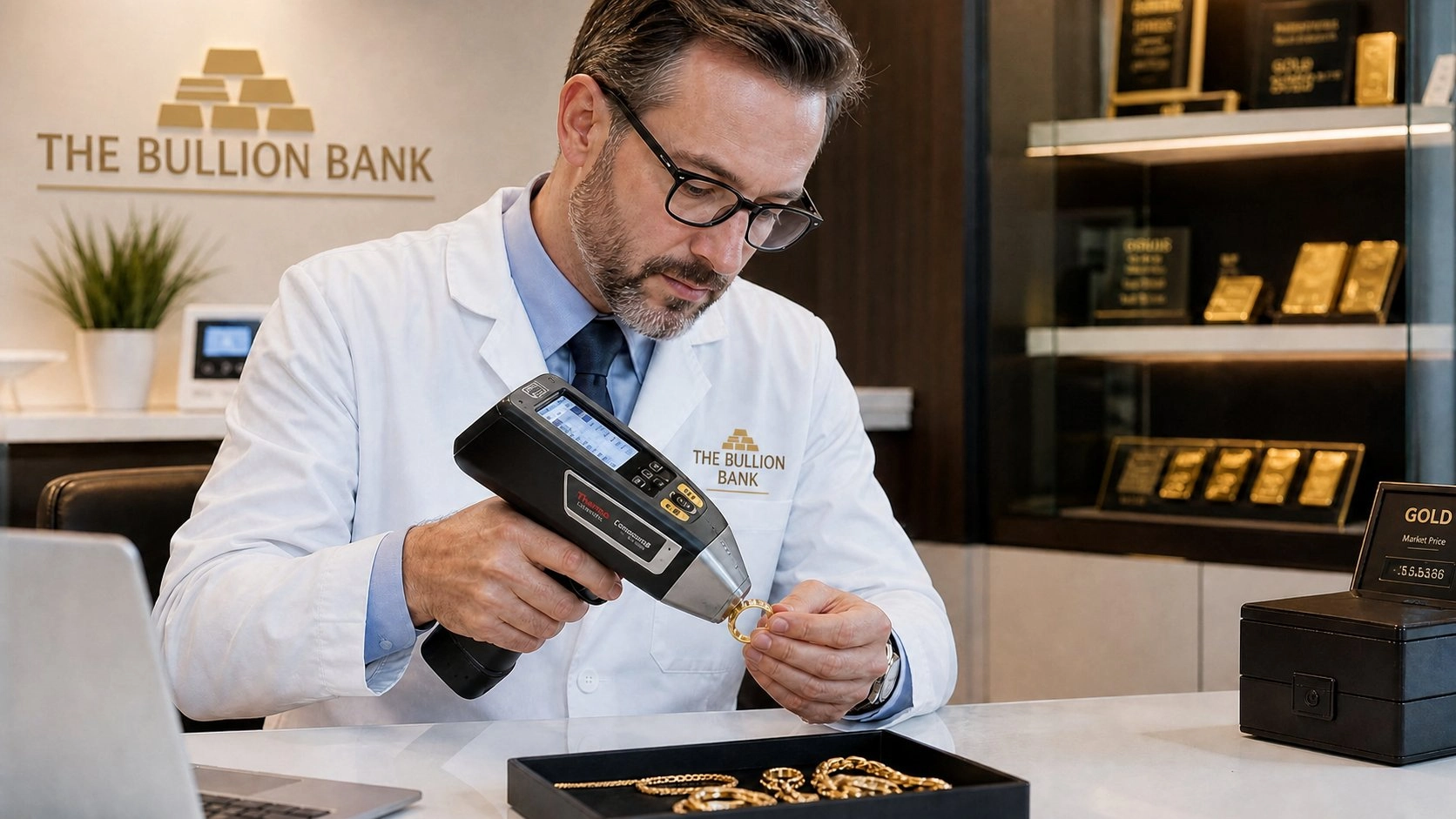 The Bullion Bank dealer testing gold jewelry with XRF analyzer in branded showroom