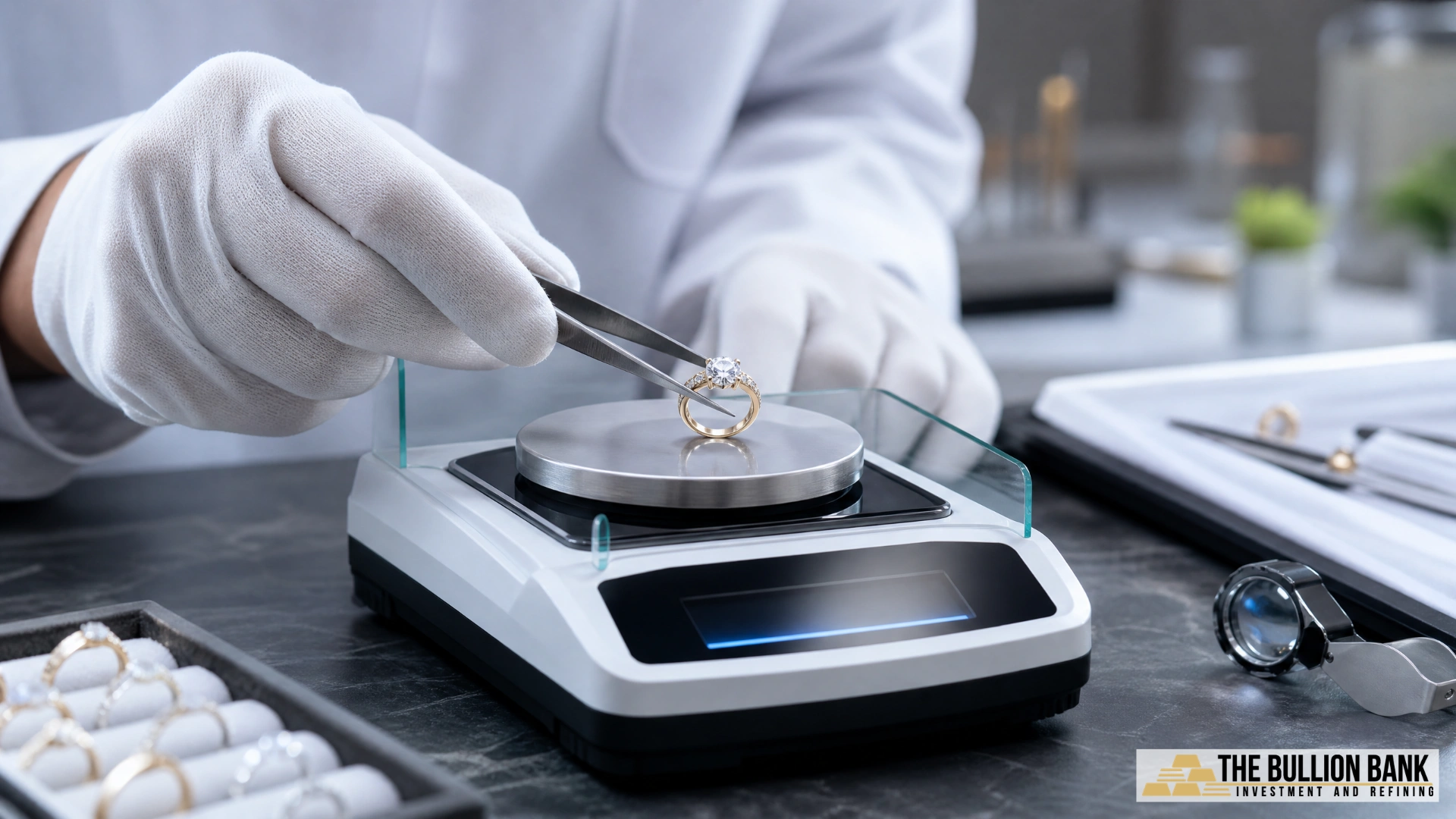 Specialist using precision scale to test jewelry weight and purity