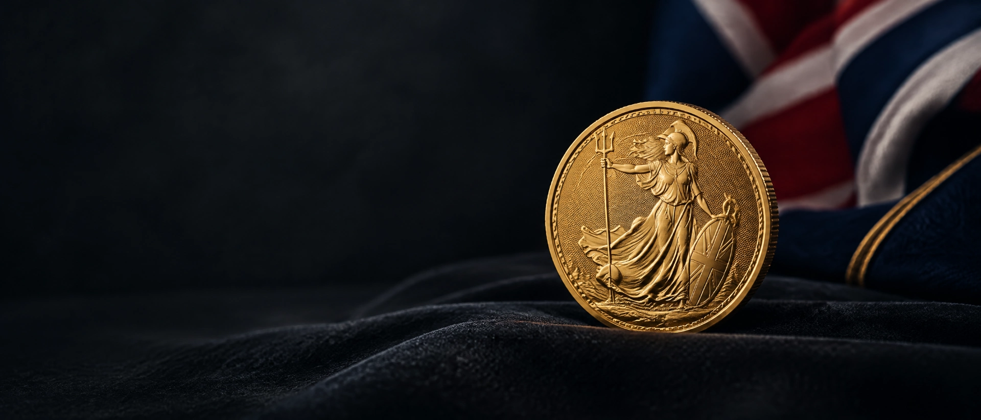 Close-up of a British gold Britannia bullion coin showing the standing figure of Britannia with shield and trident