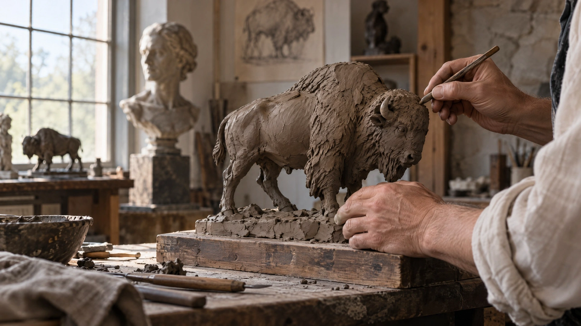 A sculptor refining a generic clay bison study in a studio, reflecting the artistic inspiration behind the coin’s design.