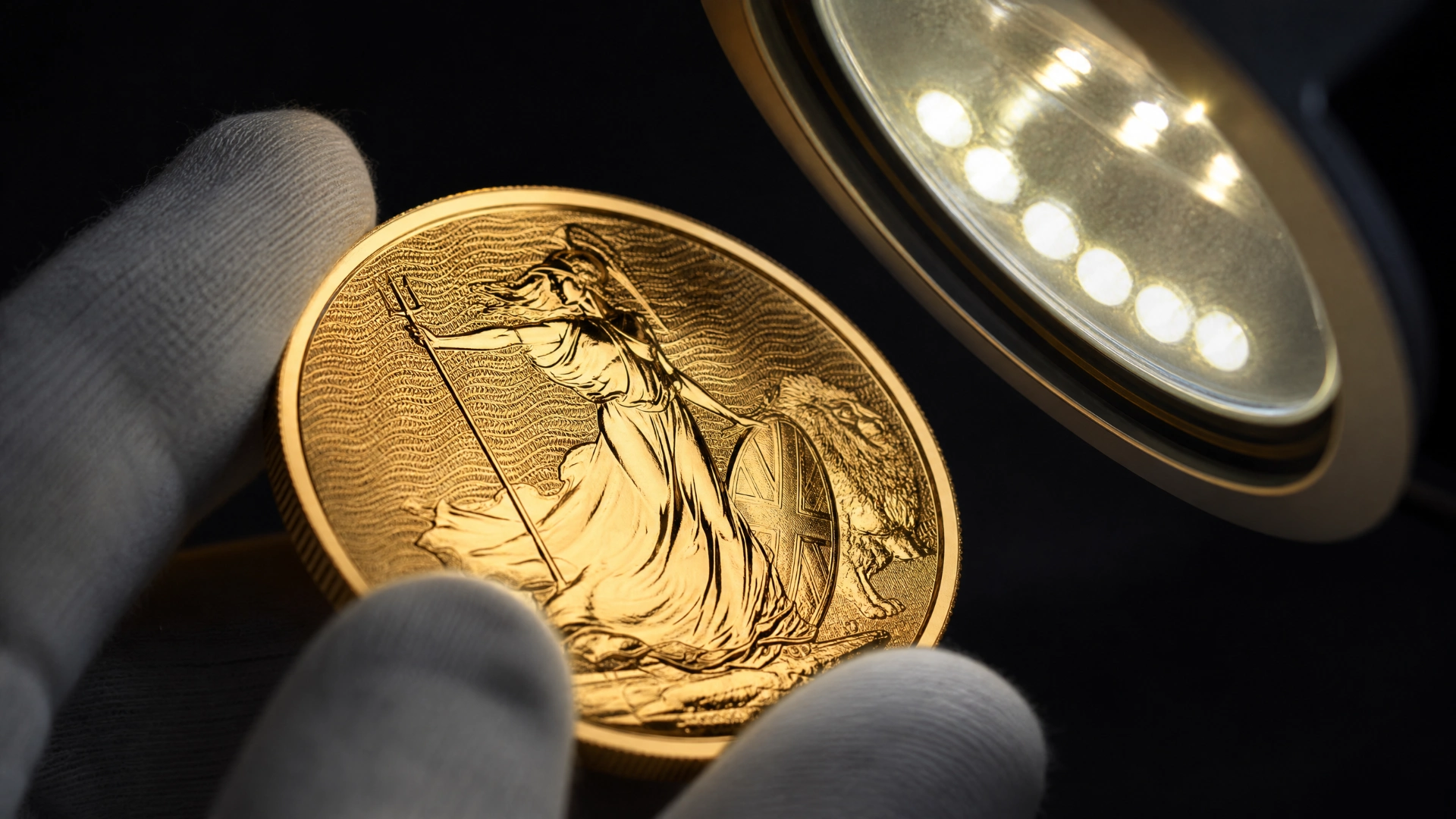 A gloved expert tilts a British gold Britannia coin beneath an inspection light to examine its security details