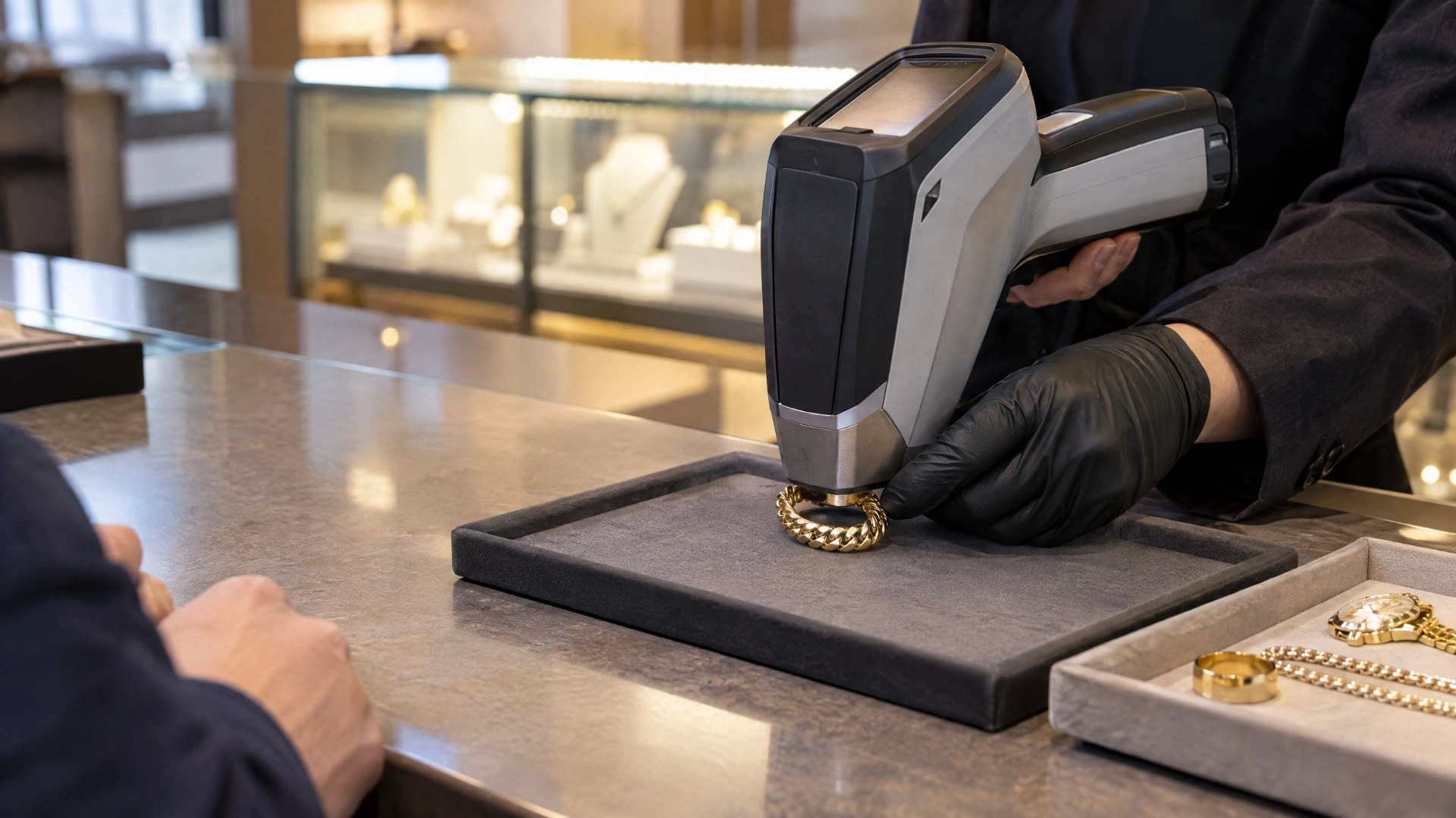 A precious-metals professional uses a handheld XRF analyzer to test a finished gold item at a service counter.