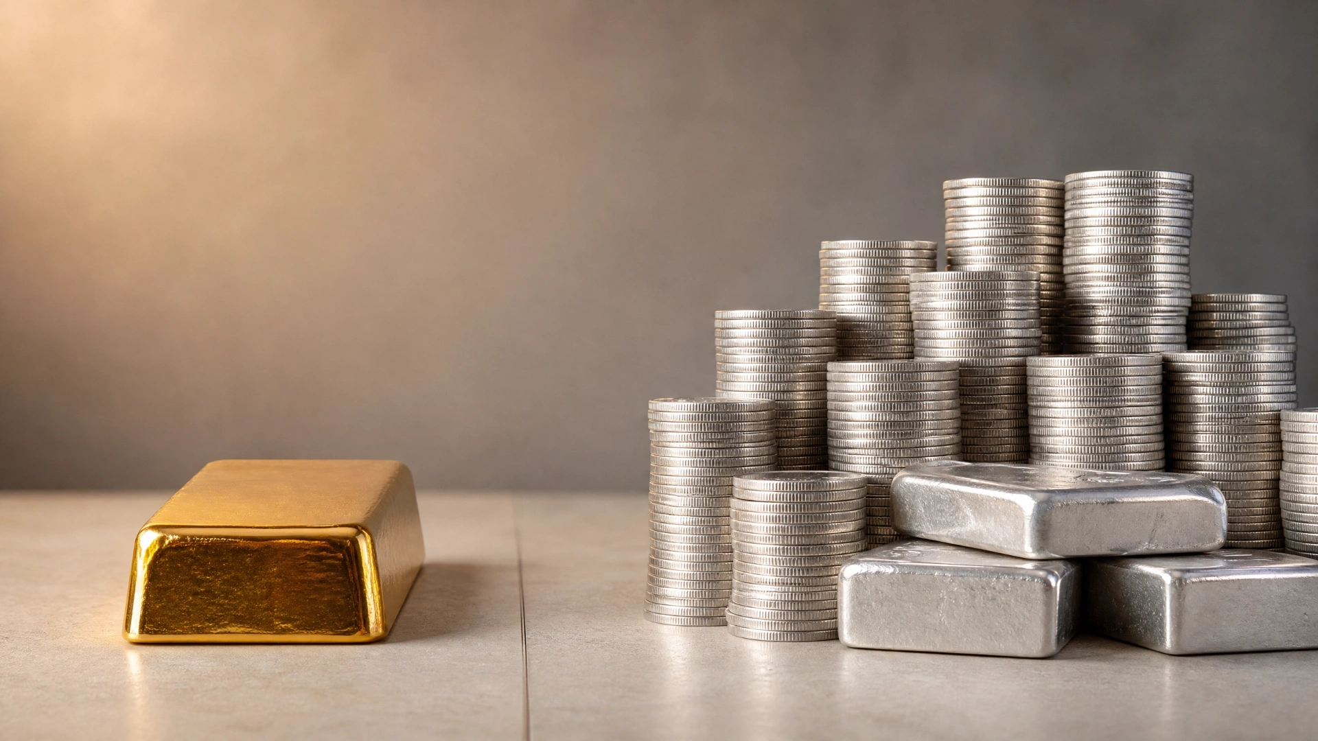 One gold bar compared with a large stack of silver coins and bars, illustrating the relative value concept behind the gold-to-silver ratio