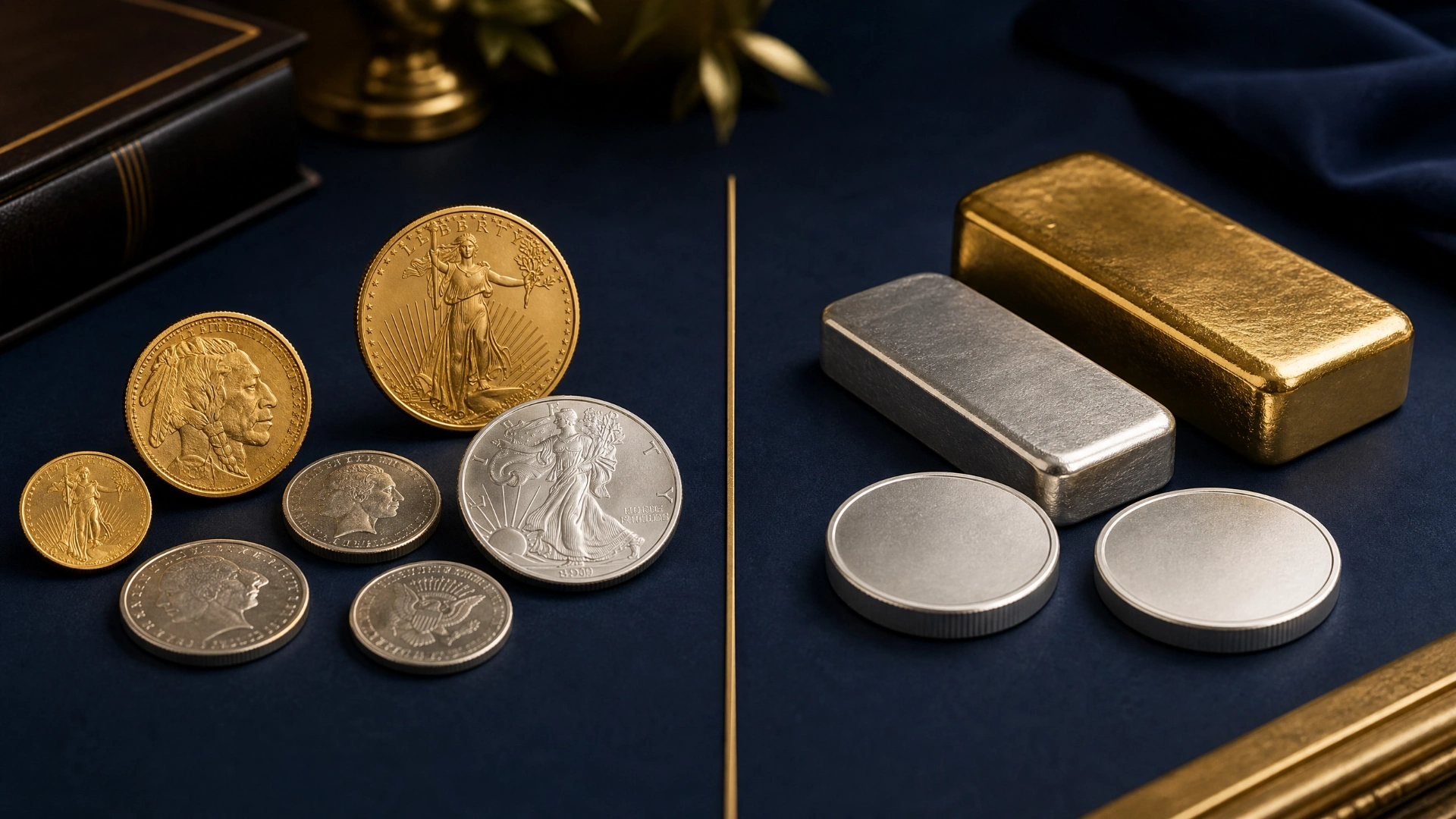 Government-issued coins arranged separately from privately minted bullion bars and silver rounds