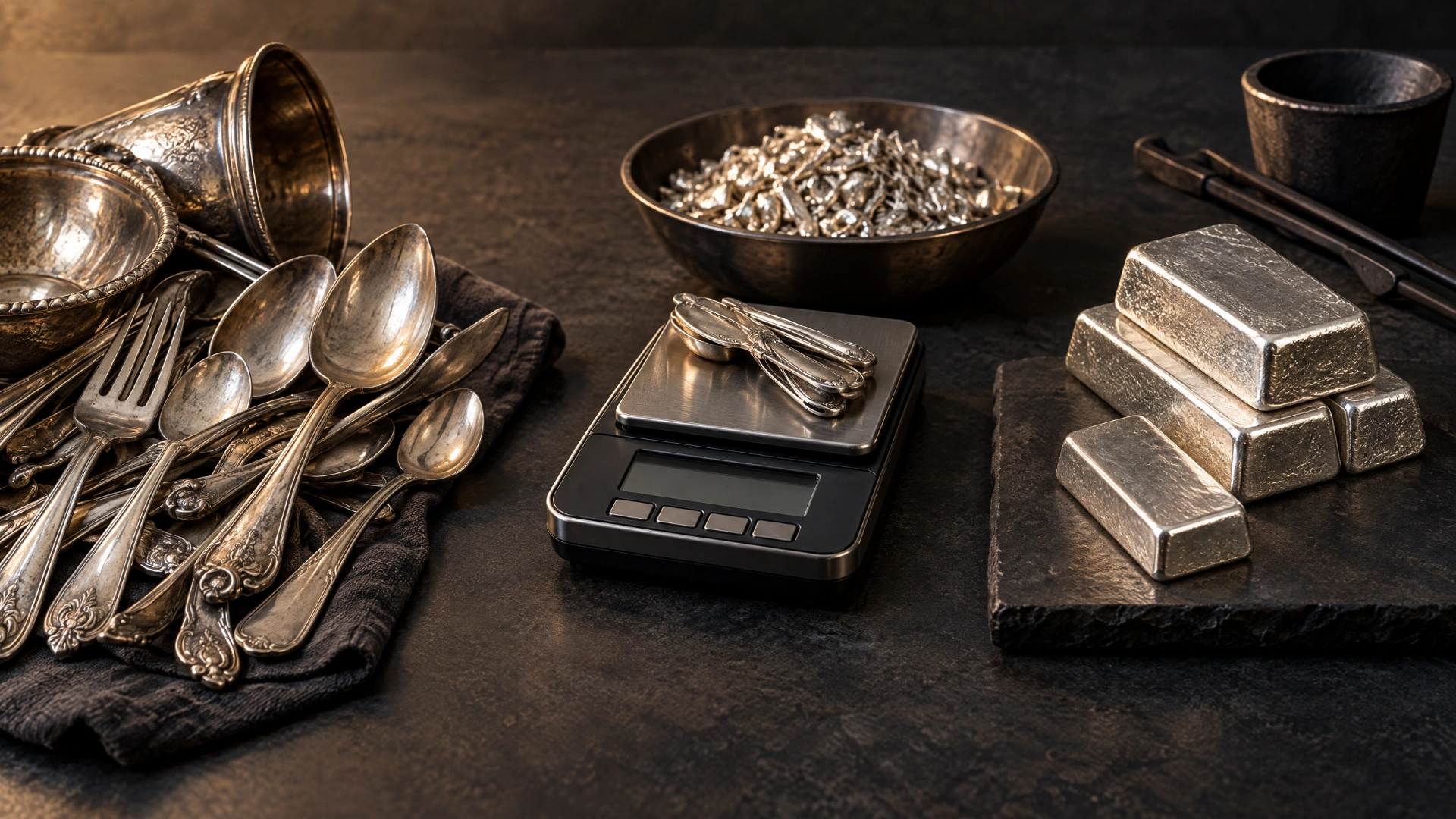 Mixed sterling flatware, a jeweller's scale, and silver pieces illustrating the conversion from gross weight to fine silver