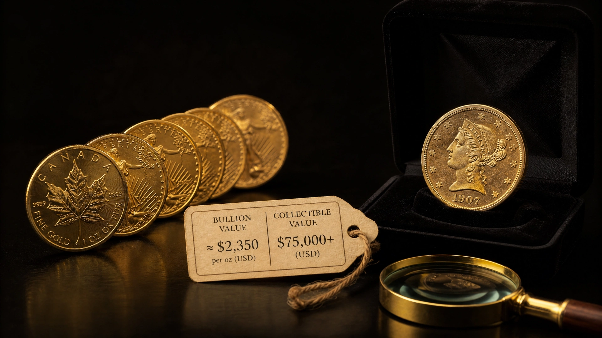 Comparison showing bullion coins valued for metal content versus a rare collectible coin with numismatic value, with price labels