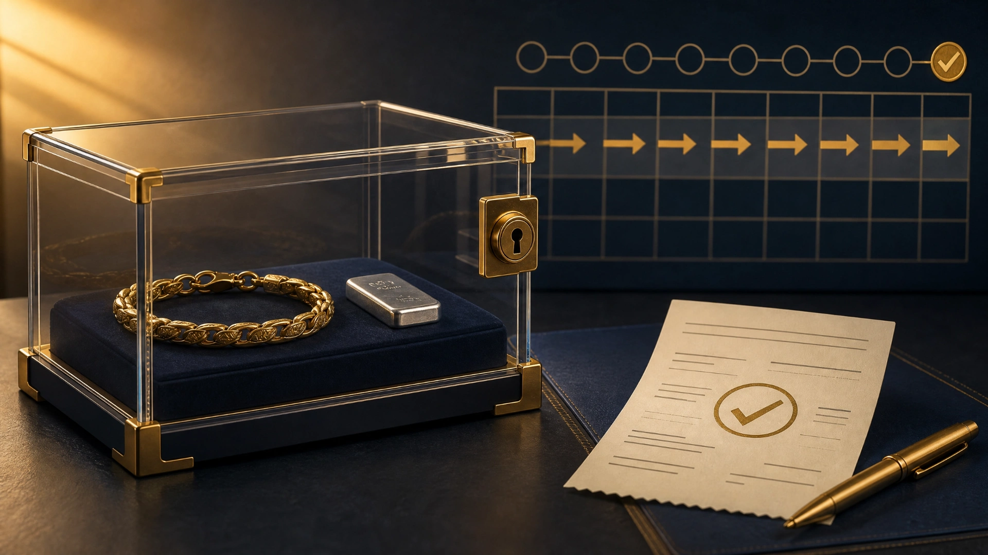 Gold jewelry and a silver bar secured in a transparent display case beside a calendar motif