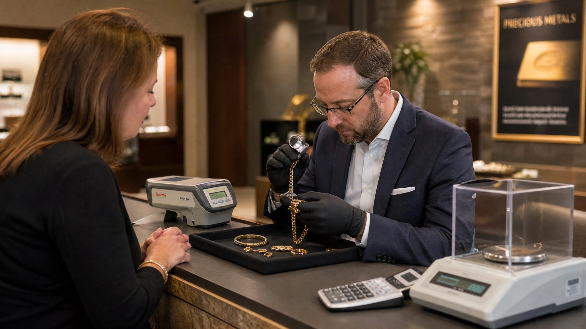 Customer receiving a professional appraisal of gold jewelry at a precious metals dealer counter