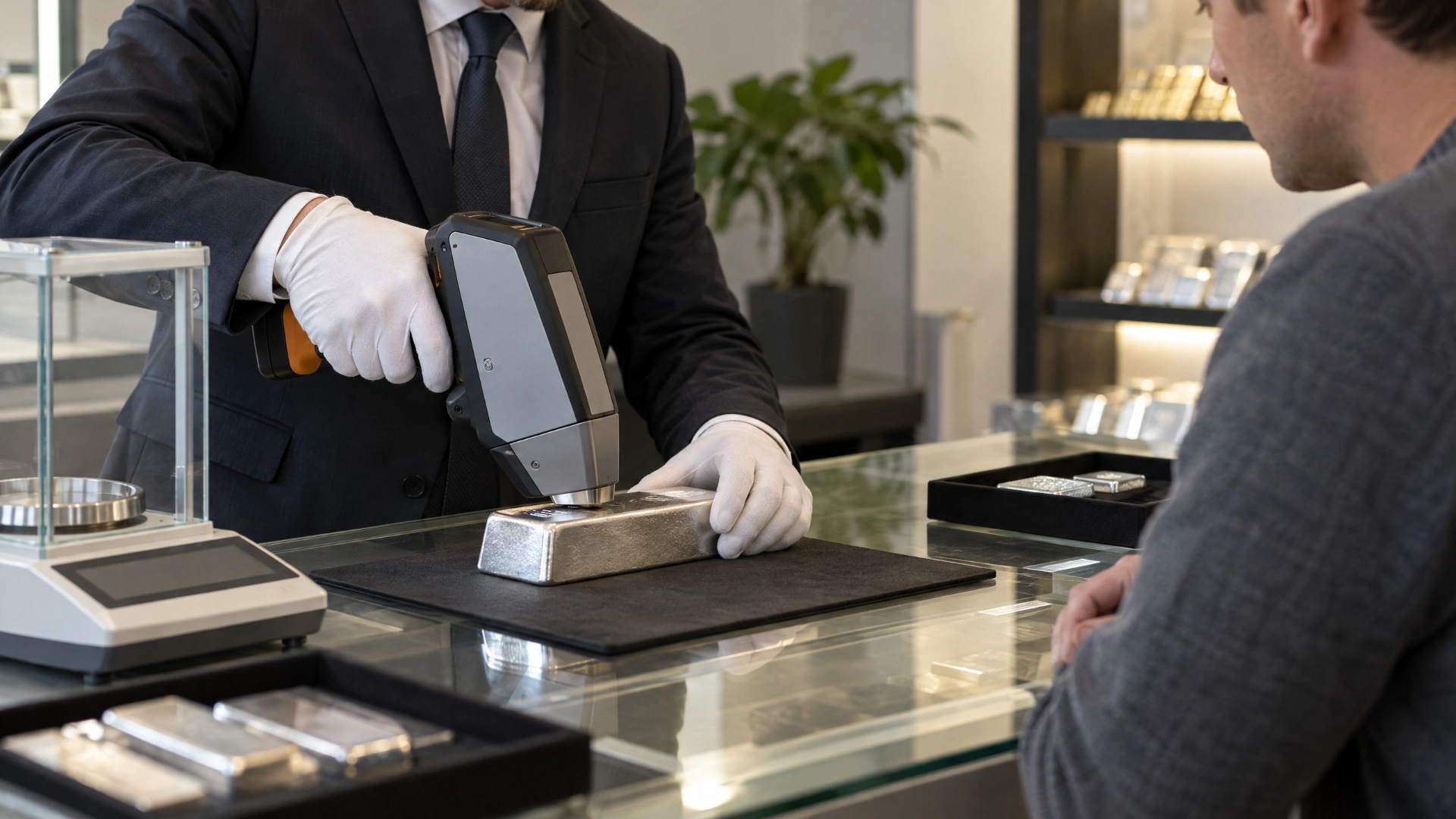 A specialist tests a generic silver bullion bar with an X-ray fluorescence analyzer at a dealer counter.