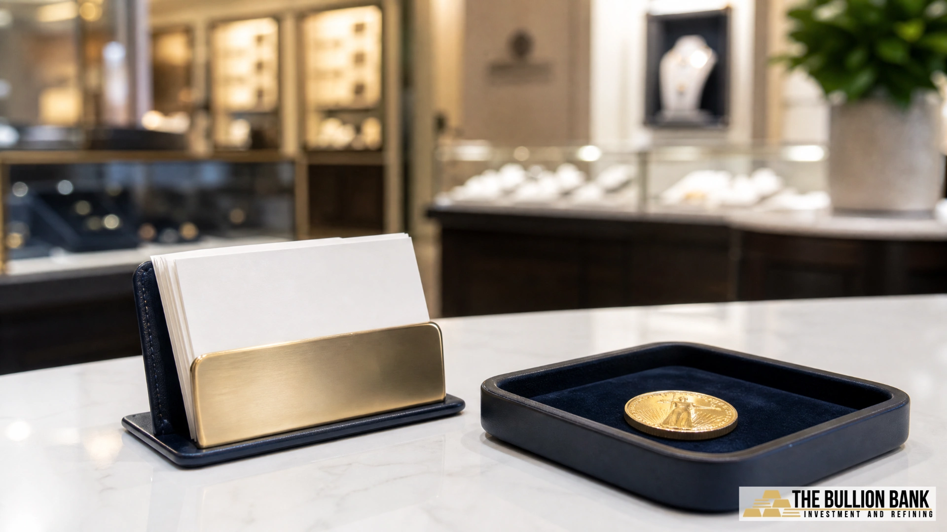Gold coin and business cards at The Bullion Bank counter