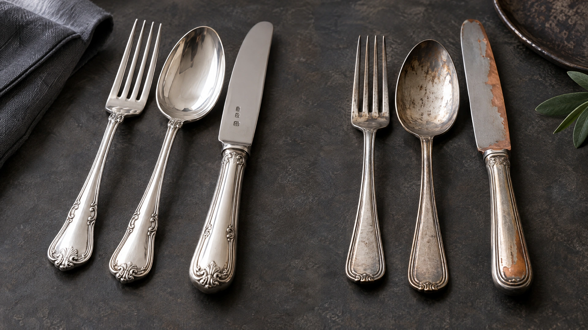 Two groups of vintage flatware showing the contrast between solid sterling and worn silver plate