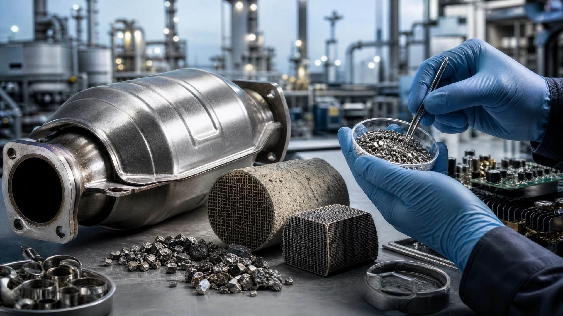 Automotive catalytic converter, industrial catalyst honeycomb, and recovered platinum-group metal material