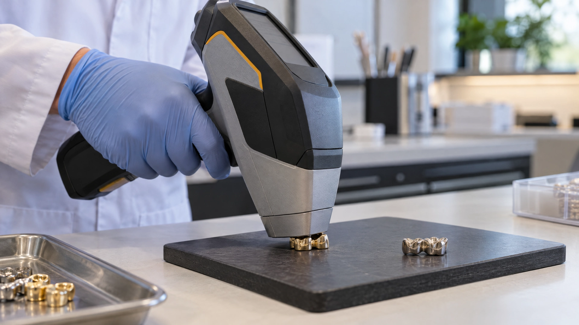 A handheld XRF analyzer being used to test a generic dental alloy piece