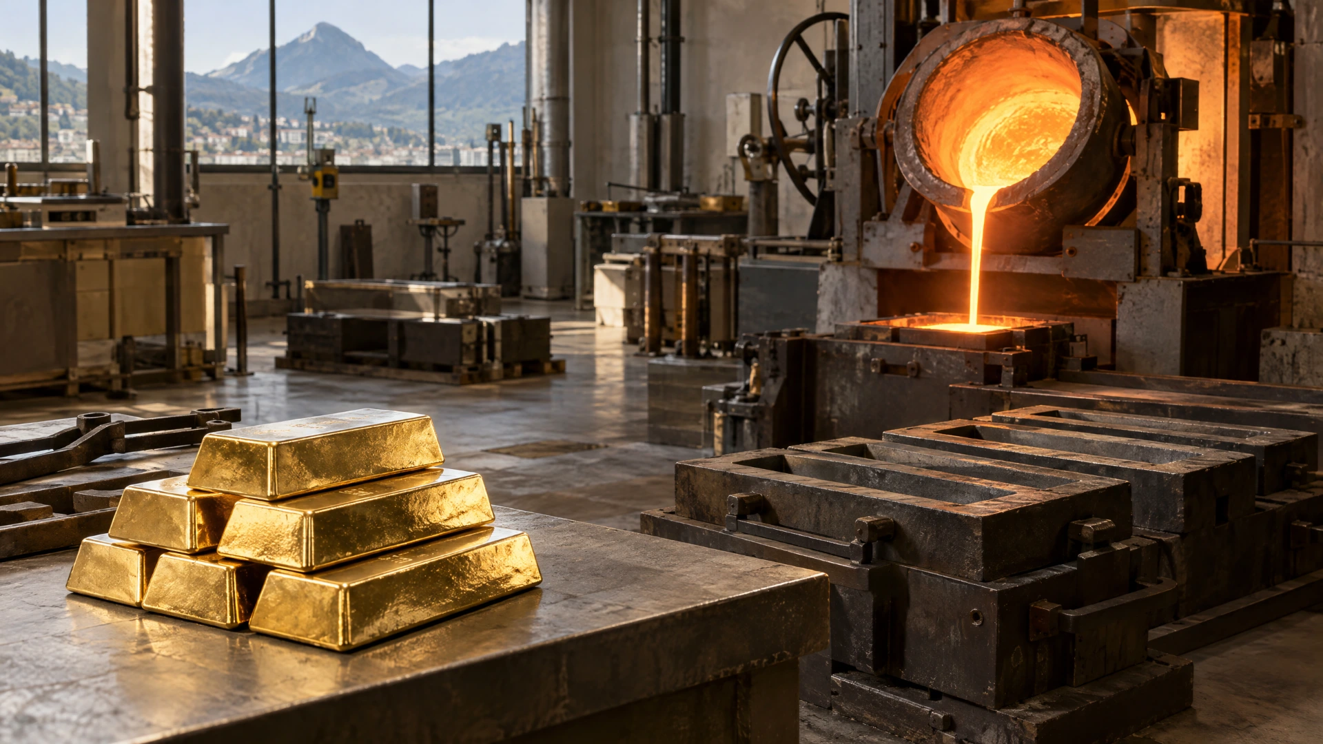 A precious-metals refinery with generic gold bars, illustrating the refinery history behind Credit Suisse-branded bullion.