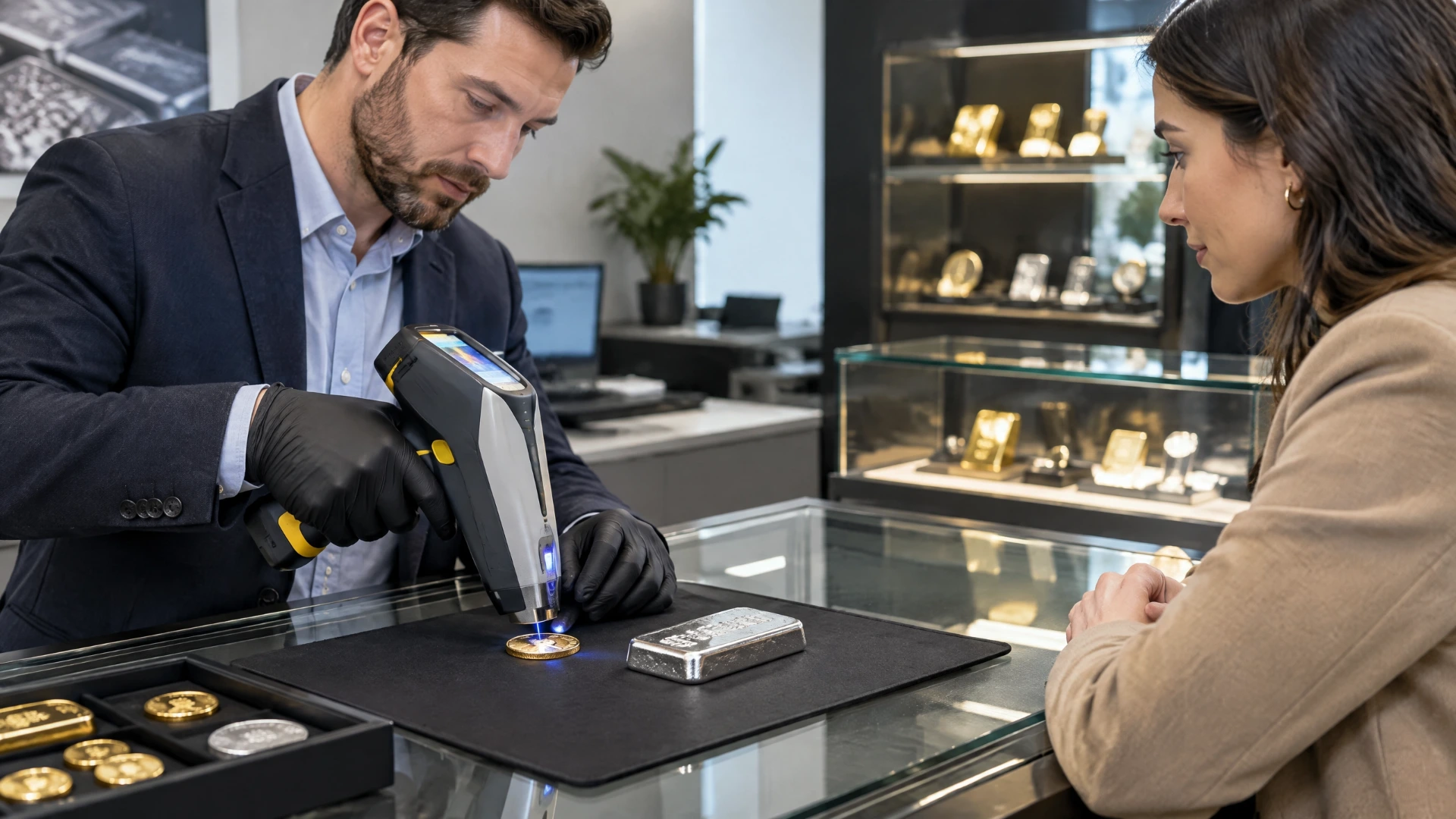 A dealer uses an X-ray fluorescence analyzer to test a gold coin and silver bar at a retail counter