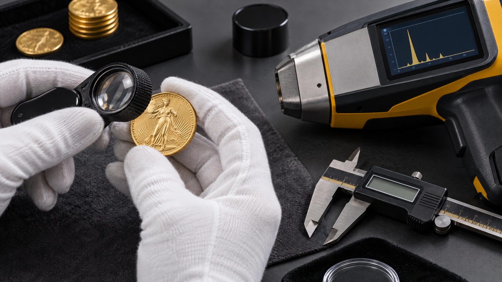 Gloved hands examining a generic gold coin beside an X-ray fluorescence analyzer and digital caliper