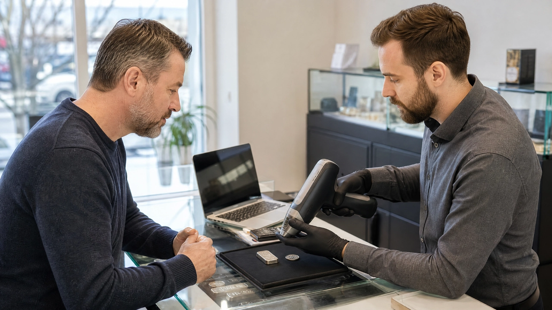 Dealer testing a platinum-toned bar with an X-ray fluorescence analyzer across a bullion counter