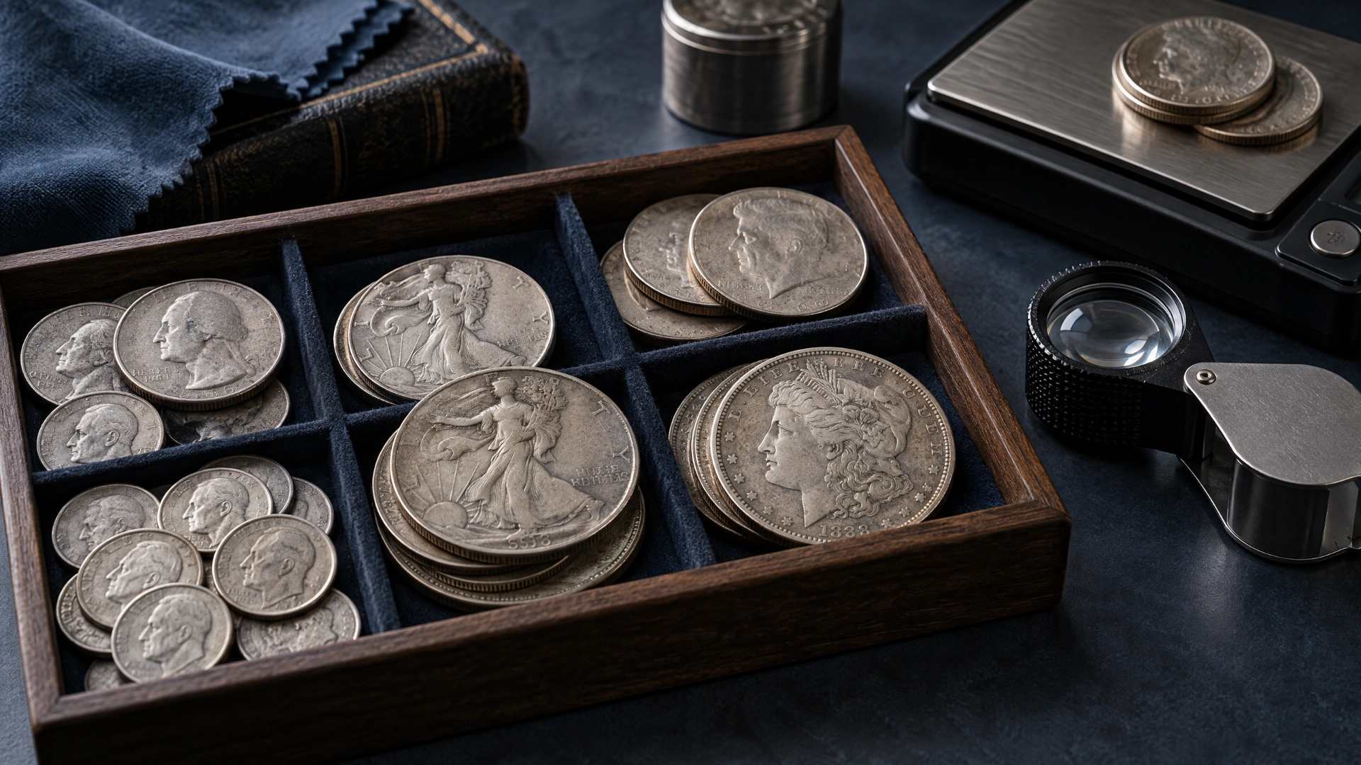 Worn American silver dimes, quarters, half dollars, and a Morgan-style dollar arranged for sorting