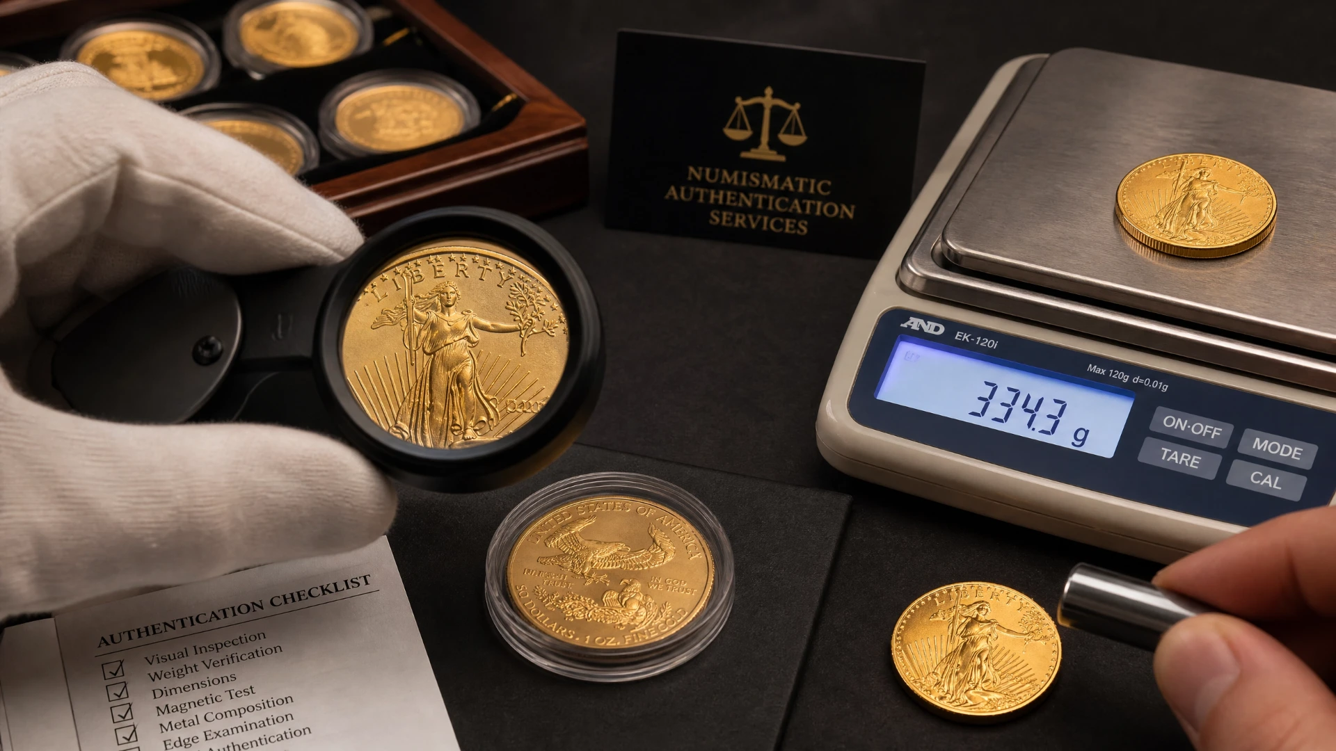 Professional gold coin authentication with inspection tools, scale, and loupe