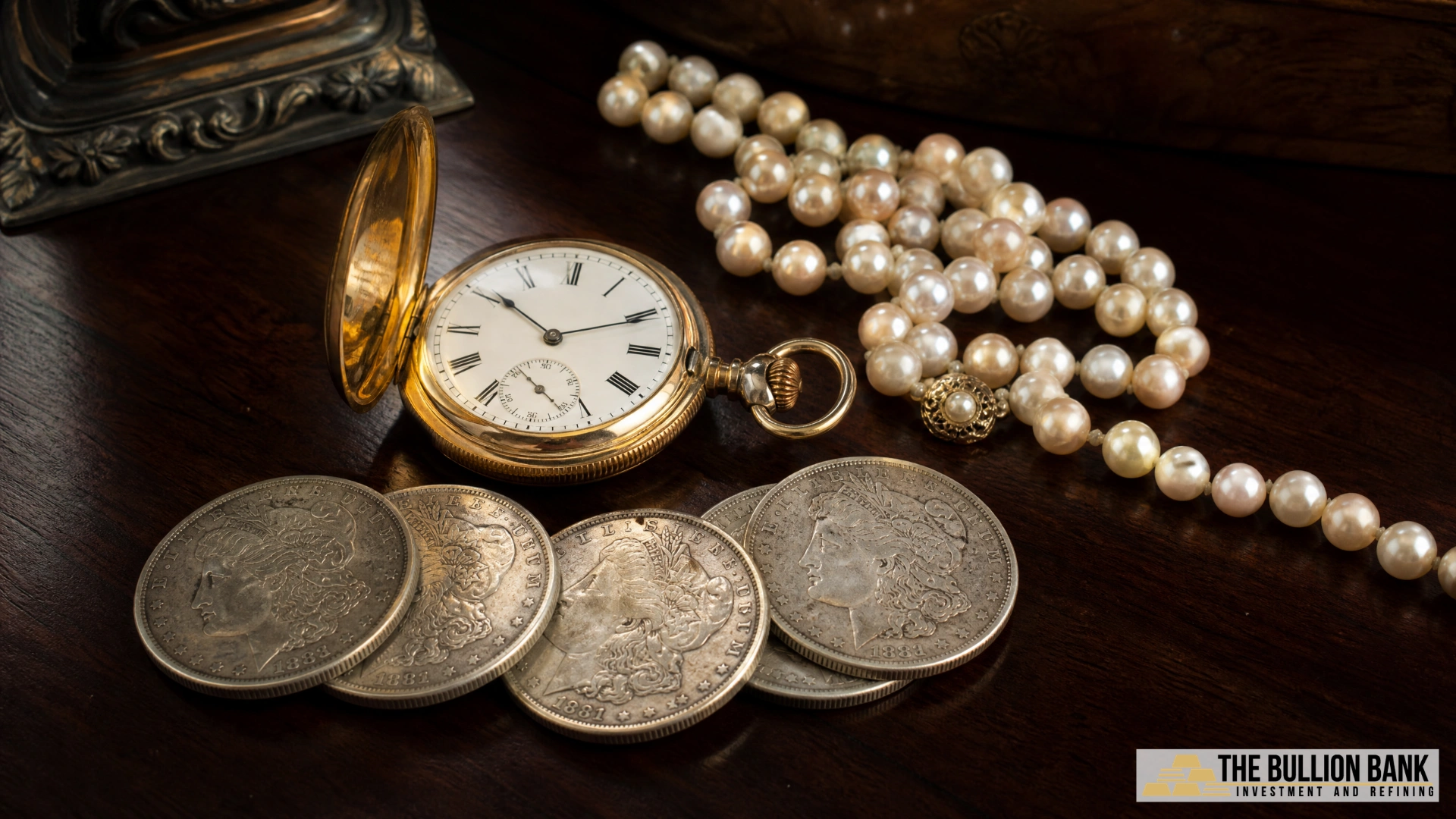 Estate valuables including gold pocket watch, silver Morgan dollars, and pearl necklace