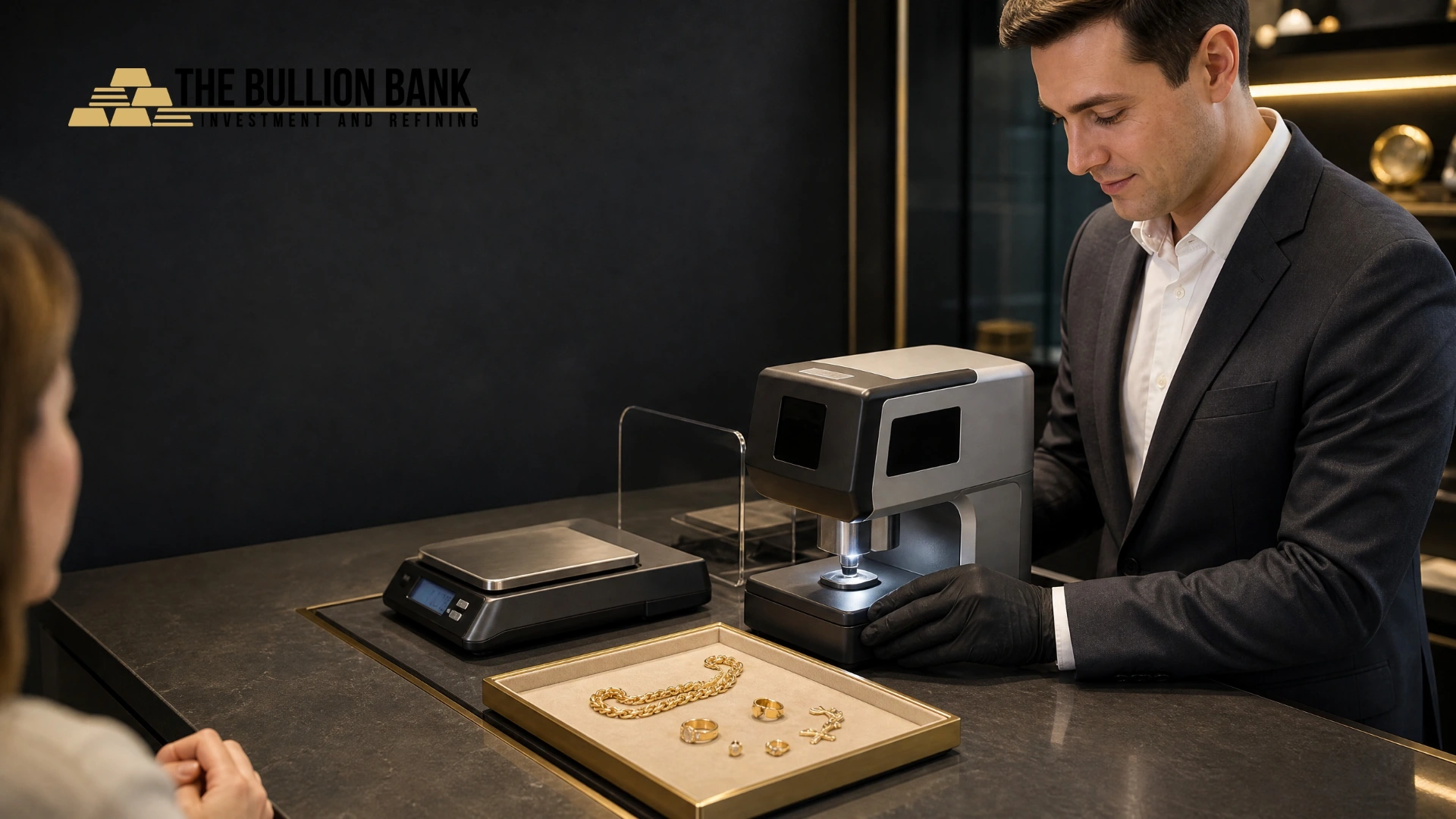 The Bullion Bank counter with gold jewellery, a precision scale and an X-ray fluorescence testing machine