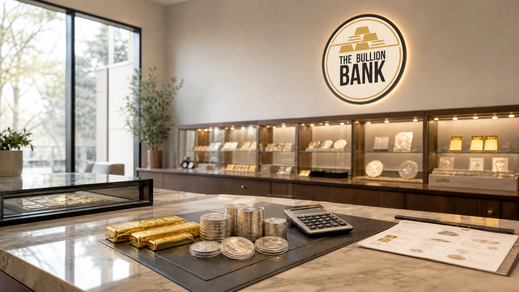 The Bullion Bank showroom with gold bars and silver coins displayed on a consultation counter