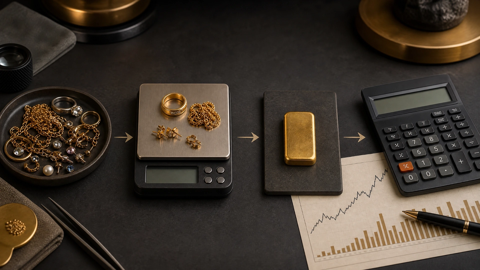 A visual sequence from mixed jewellery and weighing to refined gold and valuation