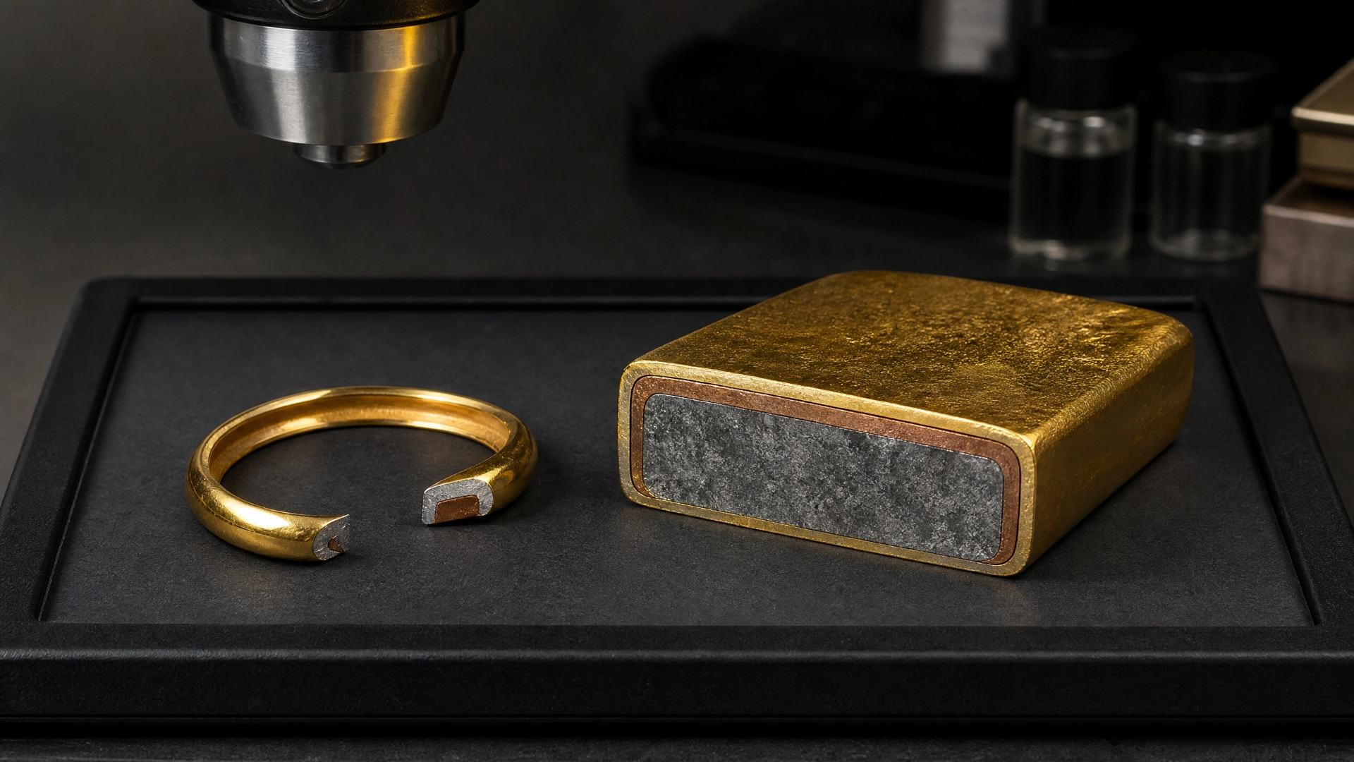 Gold-plated jewelry fragment and a gold-clad bar shown with contrasting interior materials