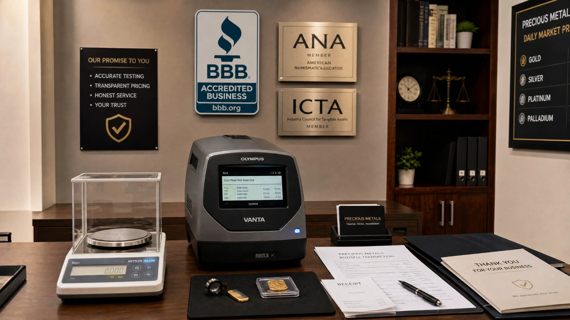 Dealer workspace with BBB accreditation, ANA and ICTA membership plaques, XRF equipment, and calibrated scales