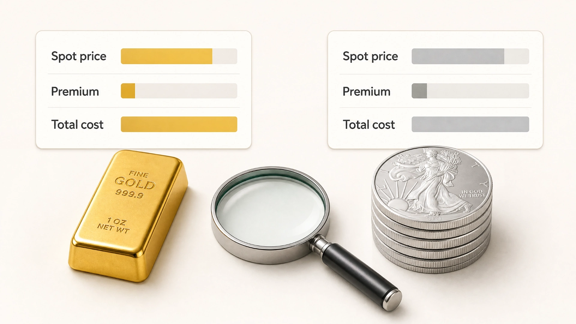 Comparison of spot price, premium, and total cost for a gold bar and a stack of silver coins, with a magnifying glass symbolizing careful cost comparison