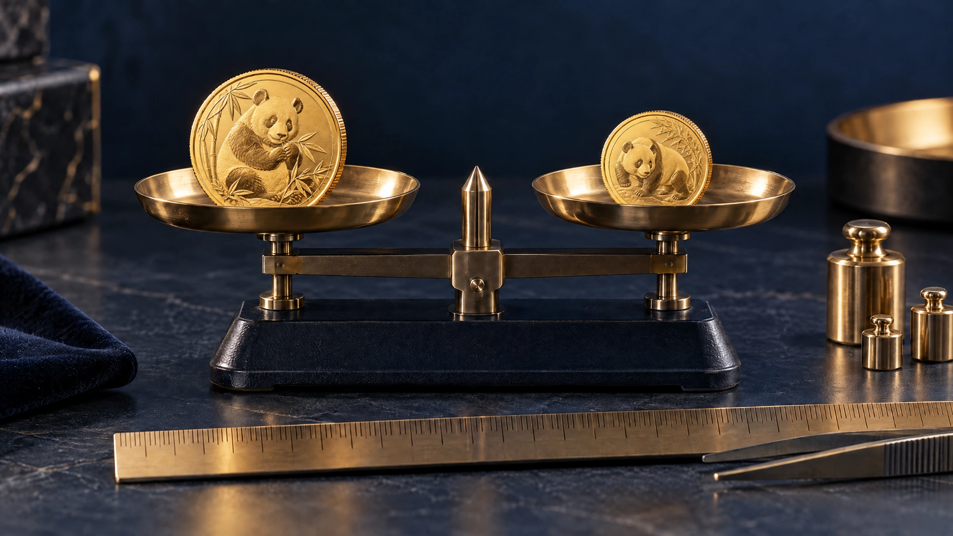 Two gold bullion coins with different embossed panda reliefs on a jeweler's balance beside neutral metal weights and a measuring surface