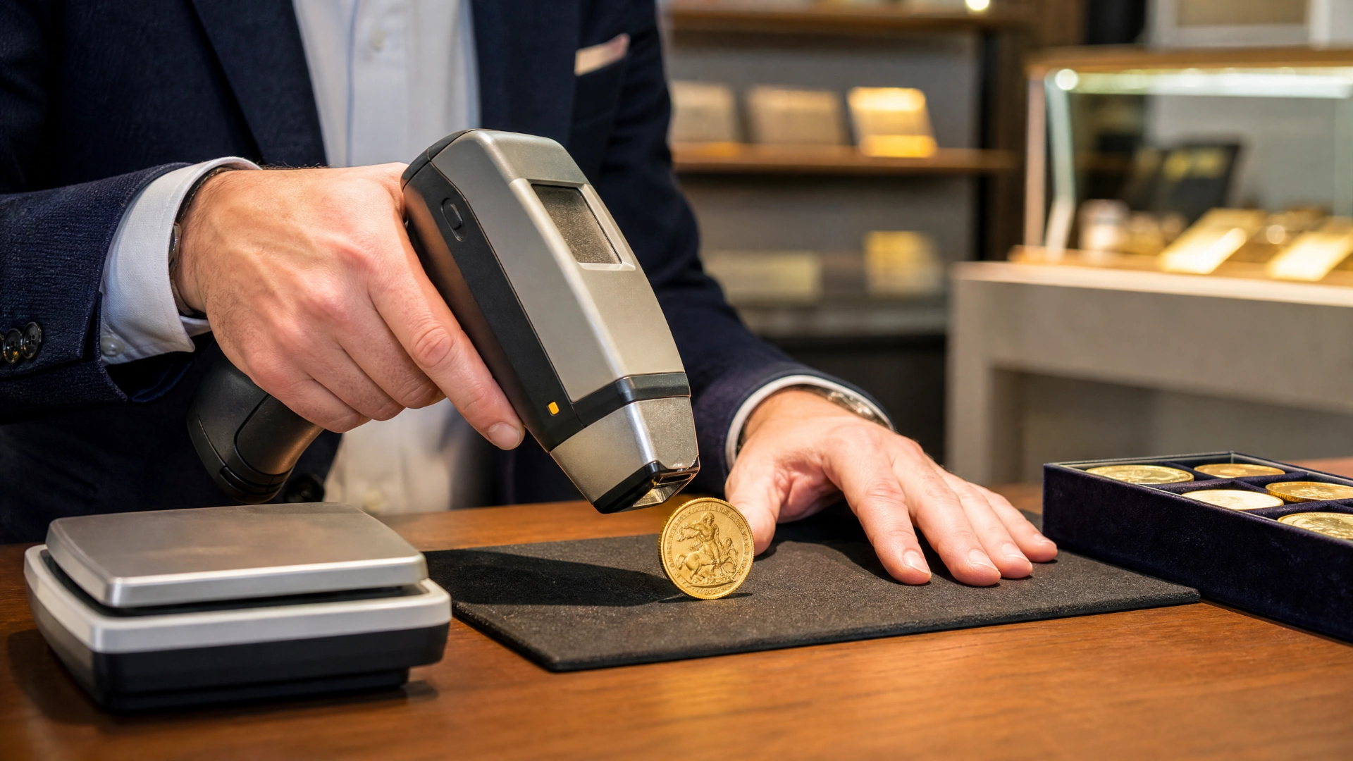 A precious-metals dealer checks a British gold Britannia coin with an X-ray fluorescence analyzer and digital scale at a counter