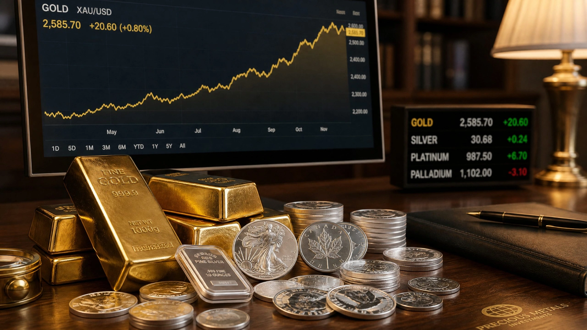 Gold bars, silver coins, and bullion on a desk with a live gold price chart displaying spot price data