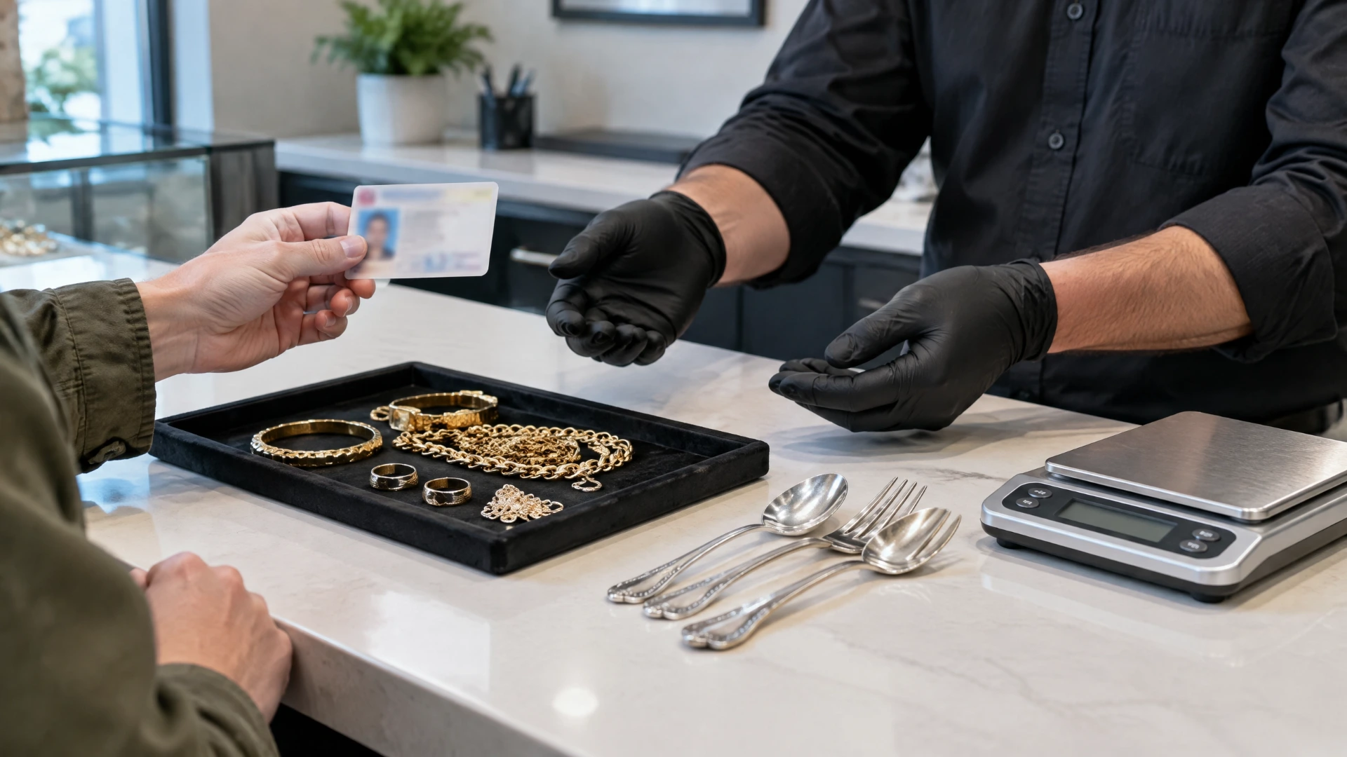 A customer presents an identity document while gold jewelry and silver flatware are assessed at a counter