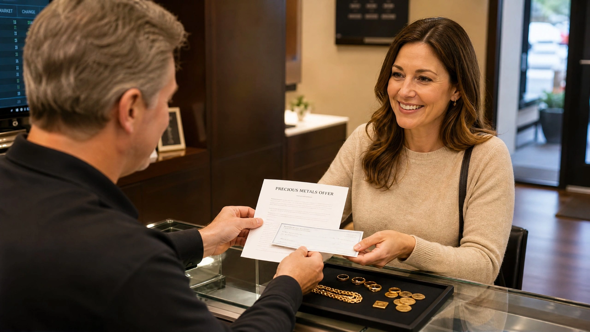 Satisfied customer receiving payment and written offer from a precious metals dealer after successful appraisal