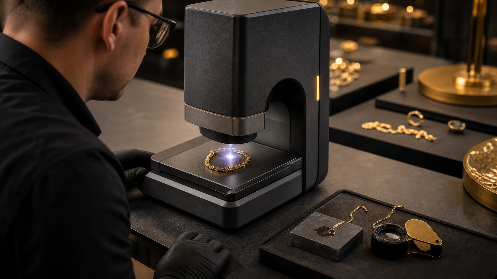 A precious-metals technician testing a gold chain with an X-ray fluorescence analyzer