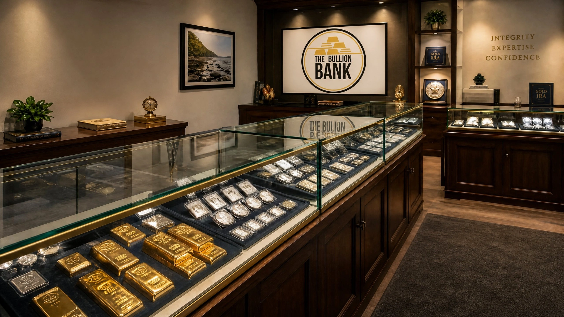 The Bullion Bank showroom interior with gold bars and silver coins displayed in elegant glass cases